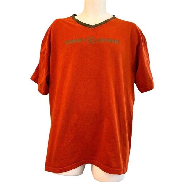 Vintage Tommy Hilfiger TH Jeans Heavy Knit T Shirt Mens XL Orange - Picture 1 of 5